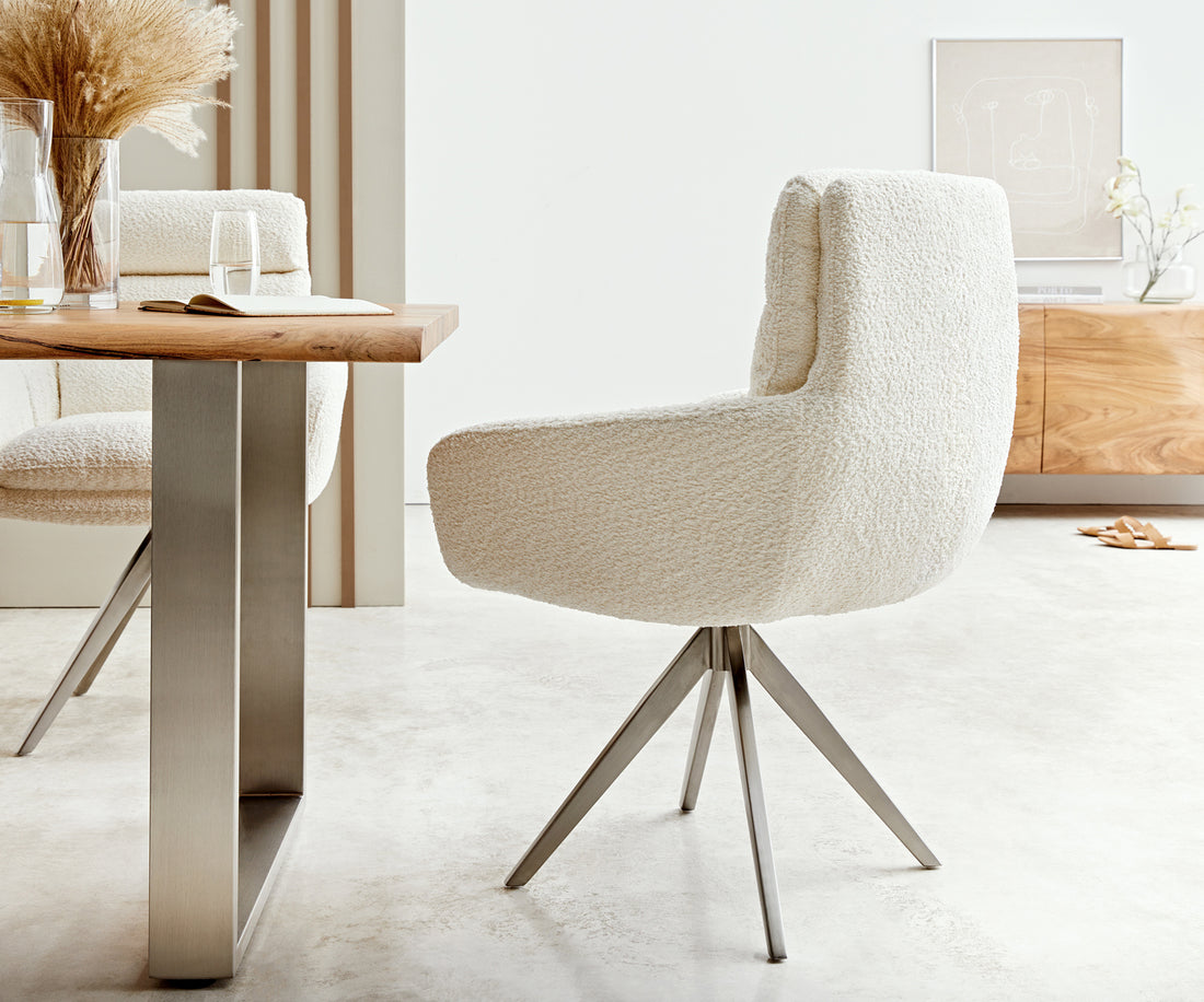 Dining Chair Abelia Bouclé White Cross Angular Base Silver 180° Swivel