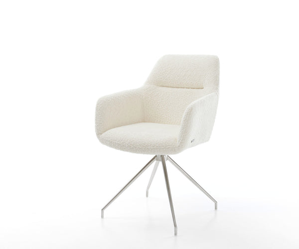 Dining Chair Pejo Bouclé White Cross Conical Base Silver 180° Swivel Pocket Springs