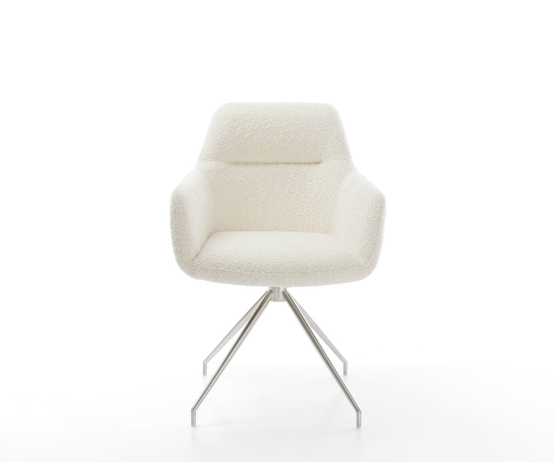 Dining Chair Pejo Bouclé White Cross Conical Base Silver 180° Swivel Pocket Springs