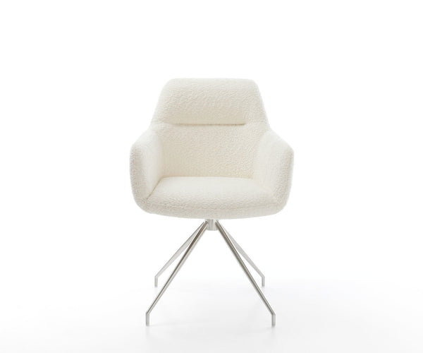 Dining Chair Pejo Bouclé White Cross Conical Base Silver 180° Swivel Pocket Springs