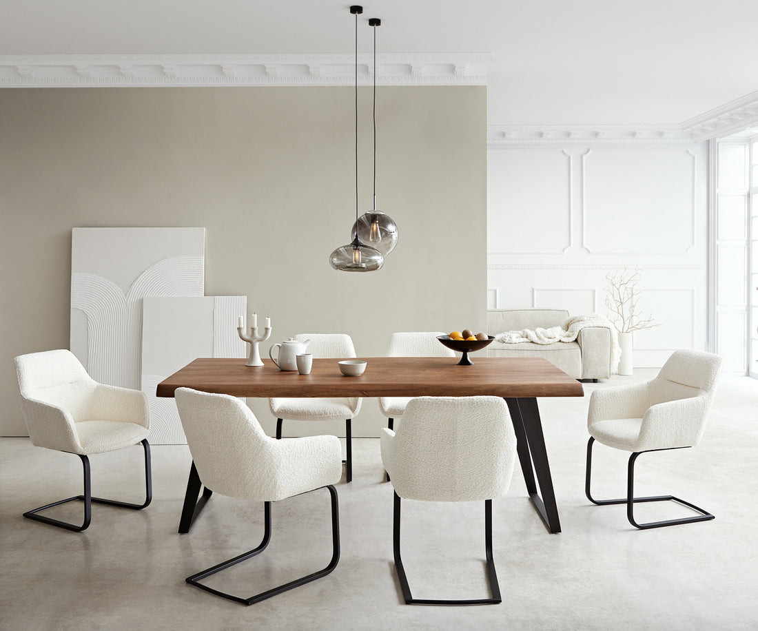 Dining Chair Pejo Bouclé White Cantilever Flat Base Black Pocket Springs