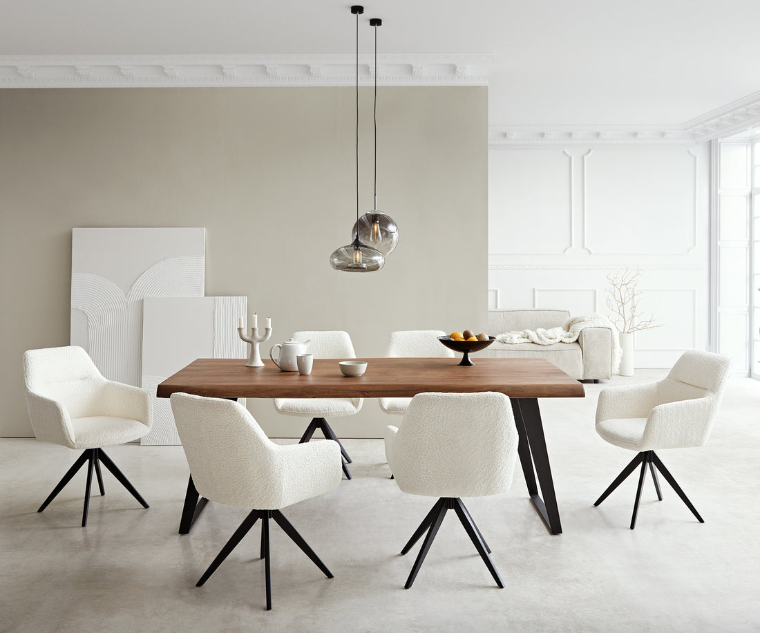 Dining Chair Pejo Bouclé White Cross Angular Base Black 180° Swivel Pocket Springs