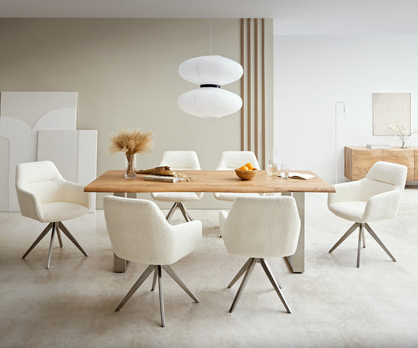 Dining Chair Pejo Bouclé White Cross Angular Base Silver 180° Swivel Pocket Springs