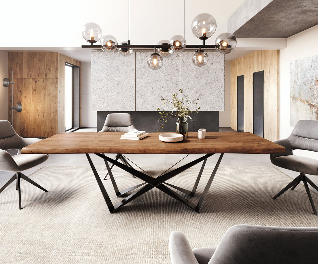 Dining Table Olympus Live Edge 260cm Acacia Wood Brown Spider Frame Black 55mm Top