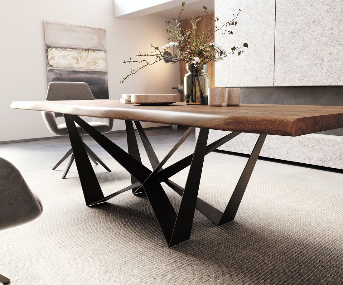 Dining Table Olympus Live Edge 260cm Acacia Wood Brown Spider Frame Black 55mm Top