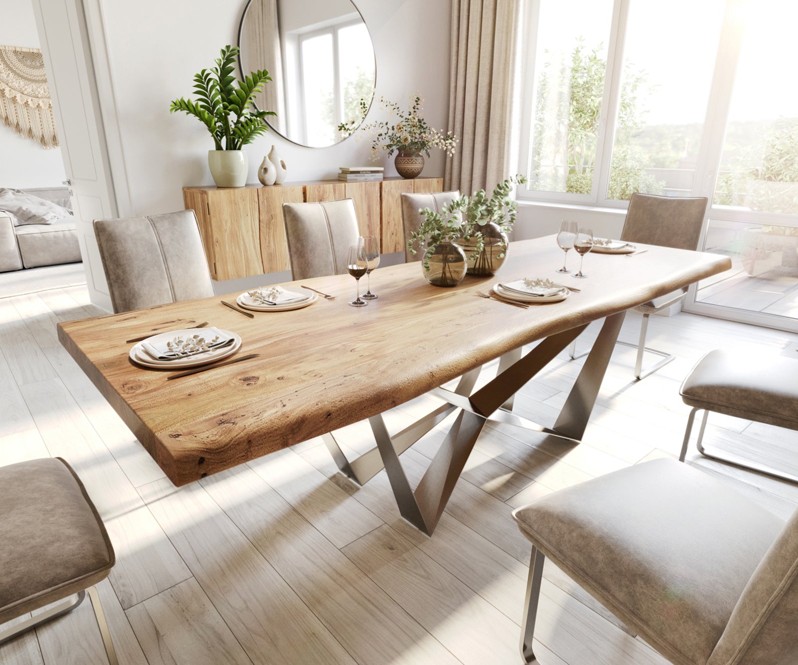 Dining Table Olympus Live Edge 260cm Acacia Wood Natural Spider Frame Steel 55mm Top