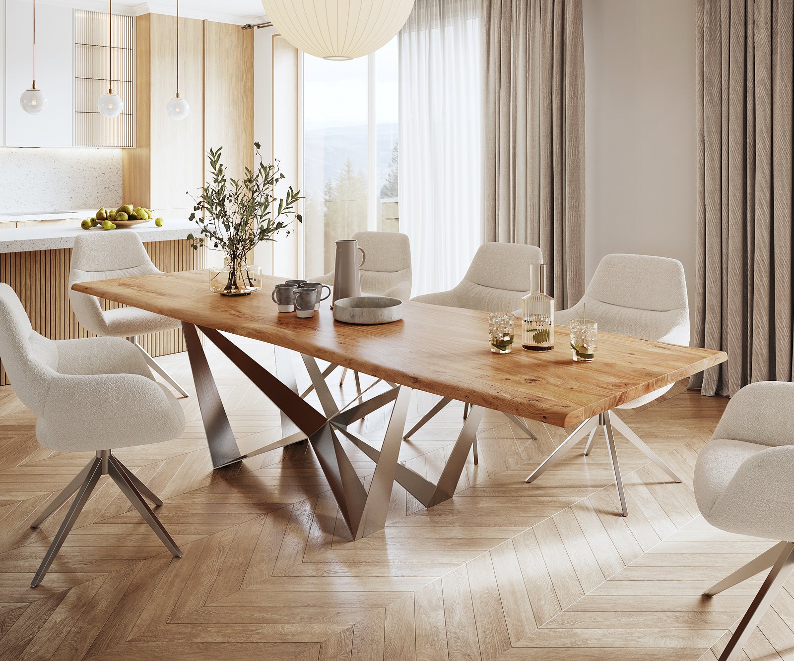 Dining Table Olympus Live Edge 300cm Acacia Wood Natural Spider Frame Steel 35mm Top