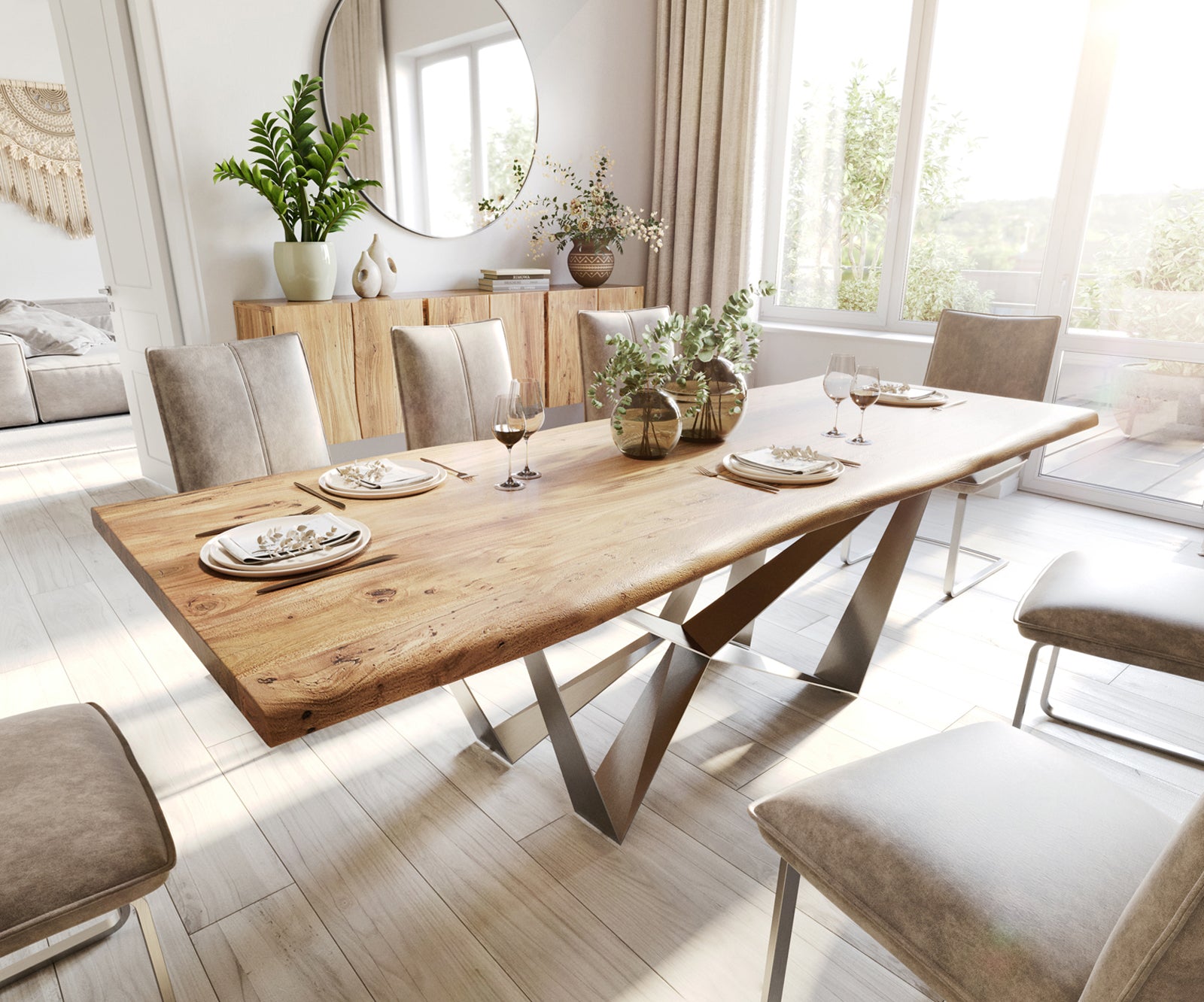 Dining Table Olympus Live Edge 240cm Acacia Wood Natural Spider Frame Steel 35mm Top
