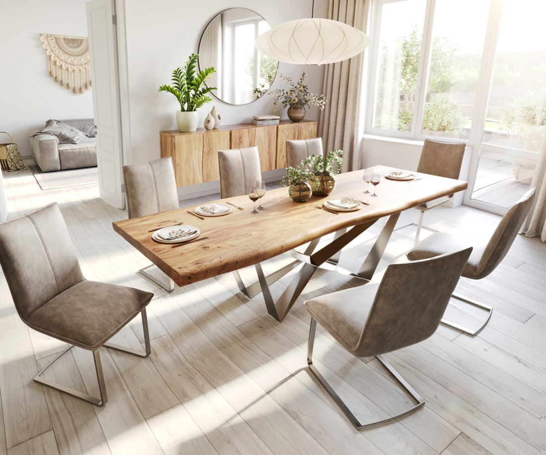 Dining Table Olympus Live Edge 280cm Acacia Wood Natural Spider Frame Steel 55mm Top