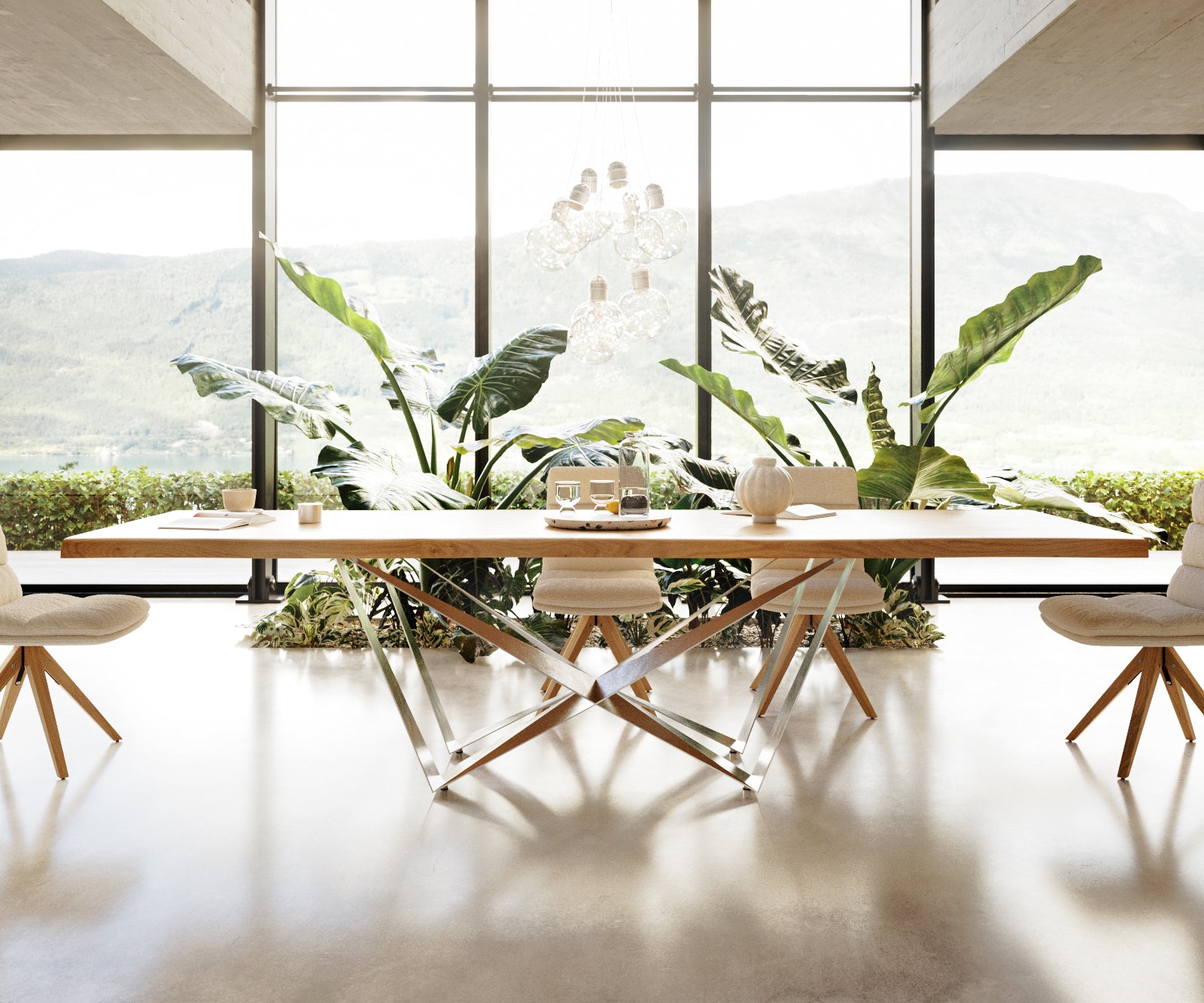 Dining Table Olympus Live Edge 300cm Oak Wood Natural Spider Frame Steel 50mm Top