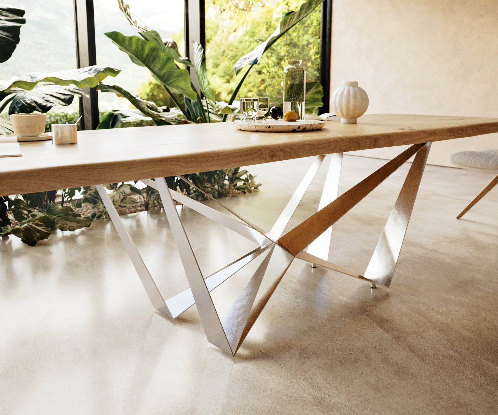 Dining Table Olympus Live Edge 300cm Oak Wood Natural Spider Frame Steel 50mm Top