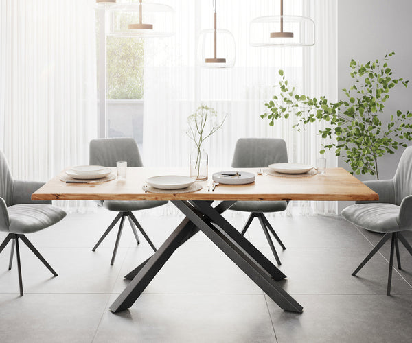 Dining Table Olympus Live Edge 200cm Acacia Wood Natural Cross Frame Black 35mm Top