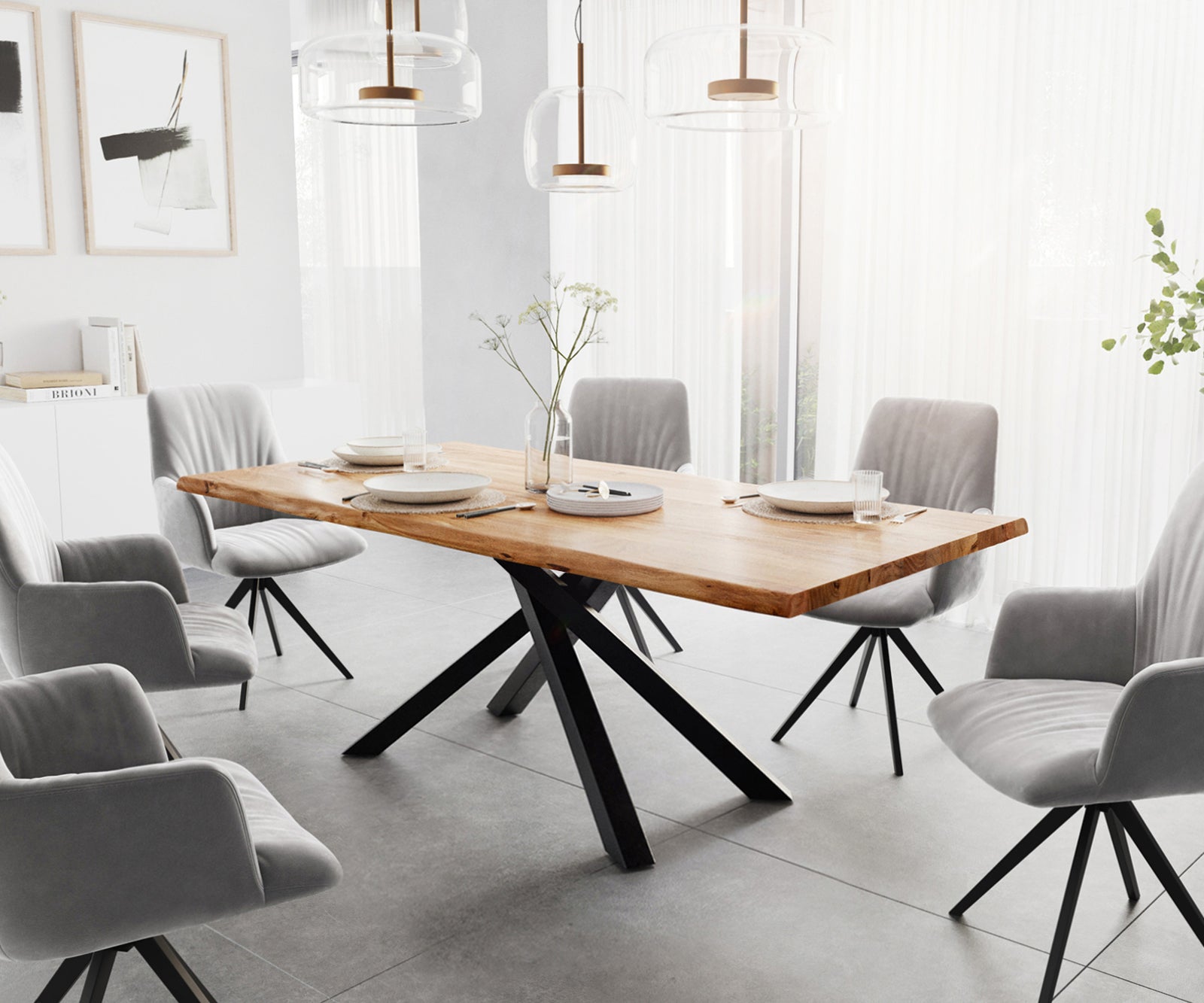 Dining Table Olympus Live Edge Acacia Wood Natural Cross Frame Black 200-300cm