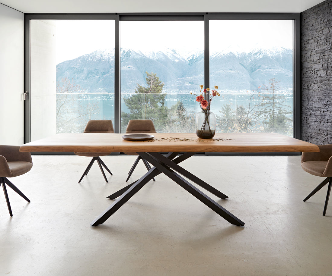 Dining Table Olympus Live Edge 260cm Acacia Wood Natural Cross Frame Black 55mm Top