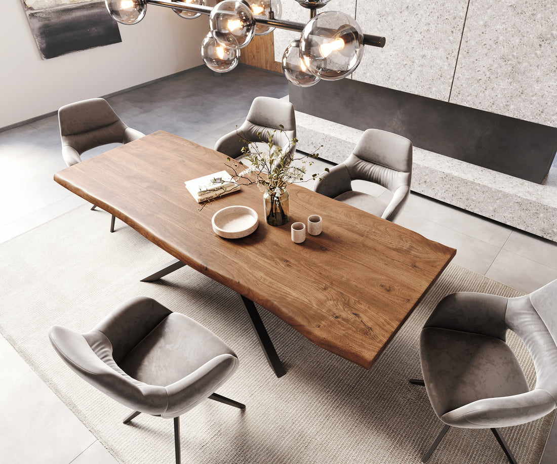 Dining Table Olympus Live Edge 260cm Acacia Wood Brown Cross Frame Black 55mm Top