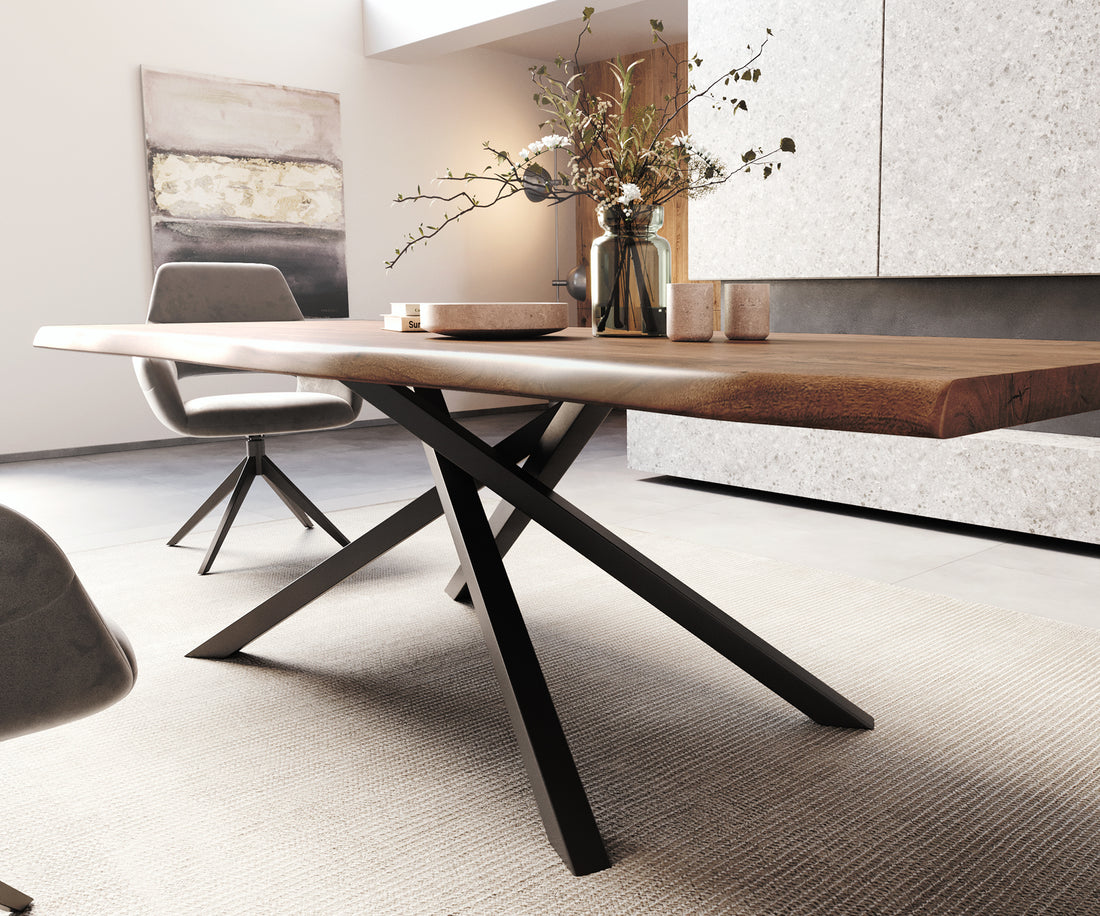 Dining Table Olympus Live Edge 260cm Acacia Wood Brown Cross Frame Black 55mm Top