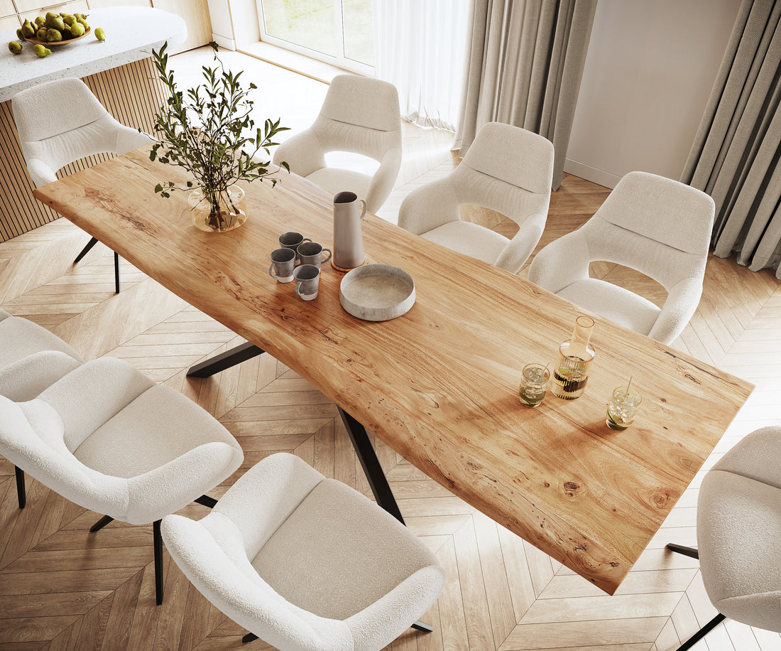 Dining Table Olympus Live Edge 300cm Acacia Wood Natural Cross Frame Black 35mm Top