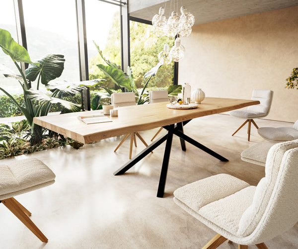 Dining Table Olympus Live Edge 300cm Oak Wood Natural Cross Frame Black 50mm Top
