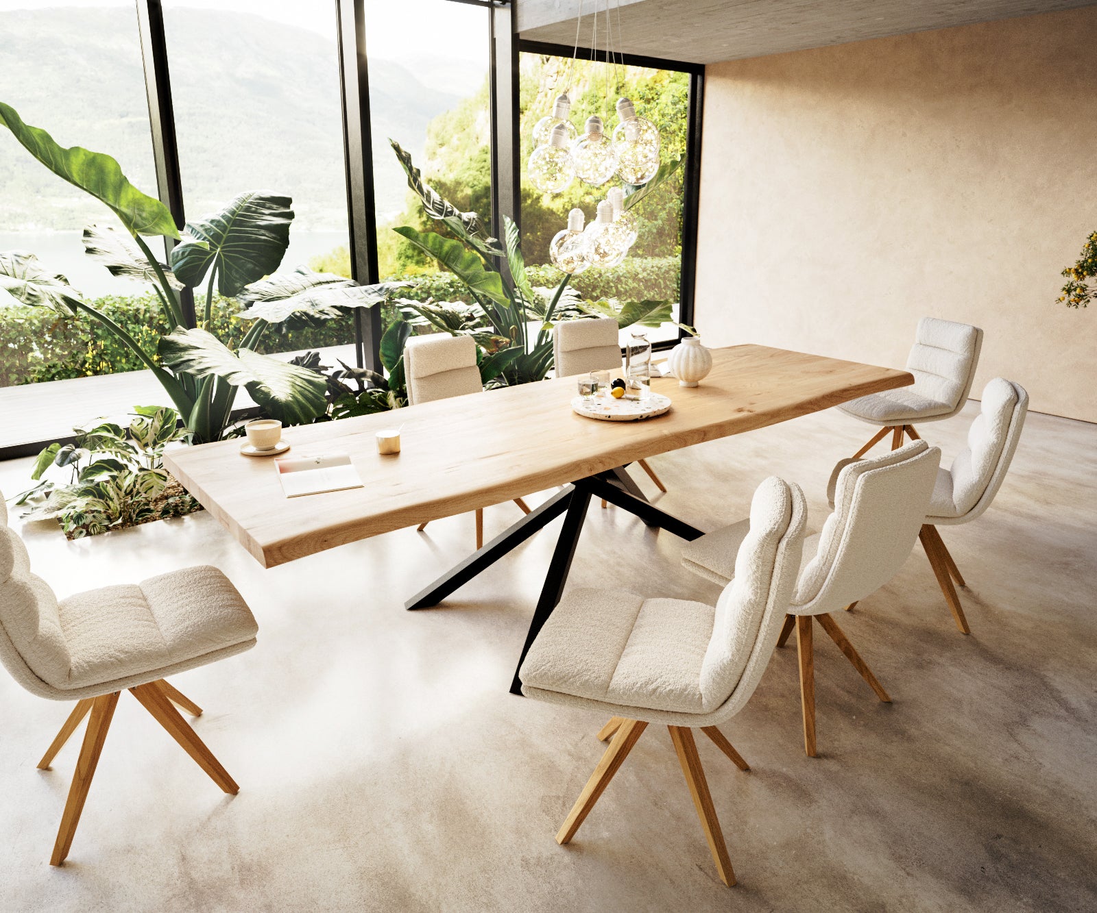 Dining Table Olympus Live Edge 300cm Oak Wood Natural Cross Frame Black 50mm Top