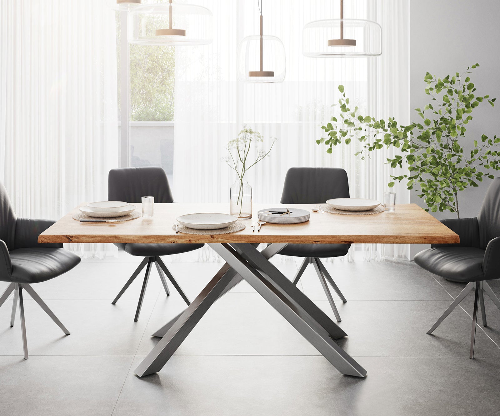 Dining Table Olympus Live Edge 200cm Acacia Wood Natural Cross Frame Steel 35mm Top