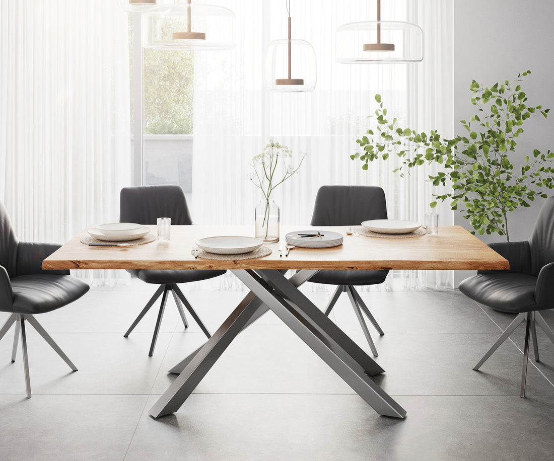 Dining Table Olympus Live Edge 200cm Acacia Wood Natural Cross Frame Steel 35mm Top