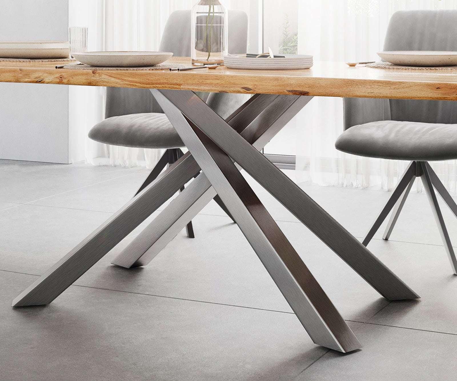Dining Table Olympus Live Edge 200cm Acacia Wood Natural Cross Frame Steel 35mm Top