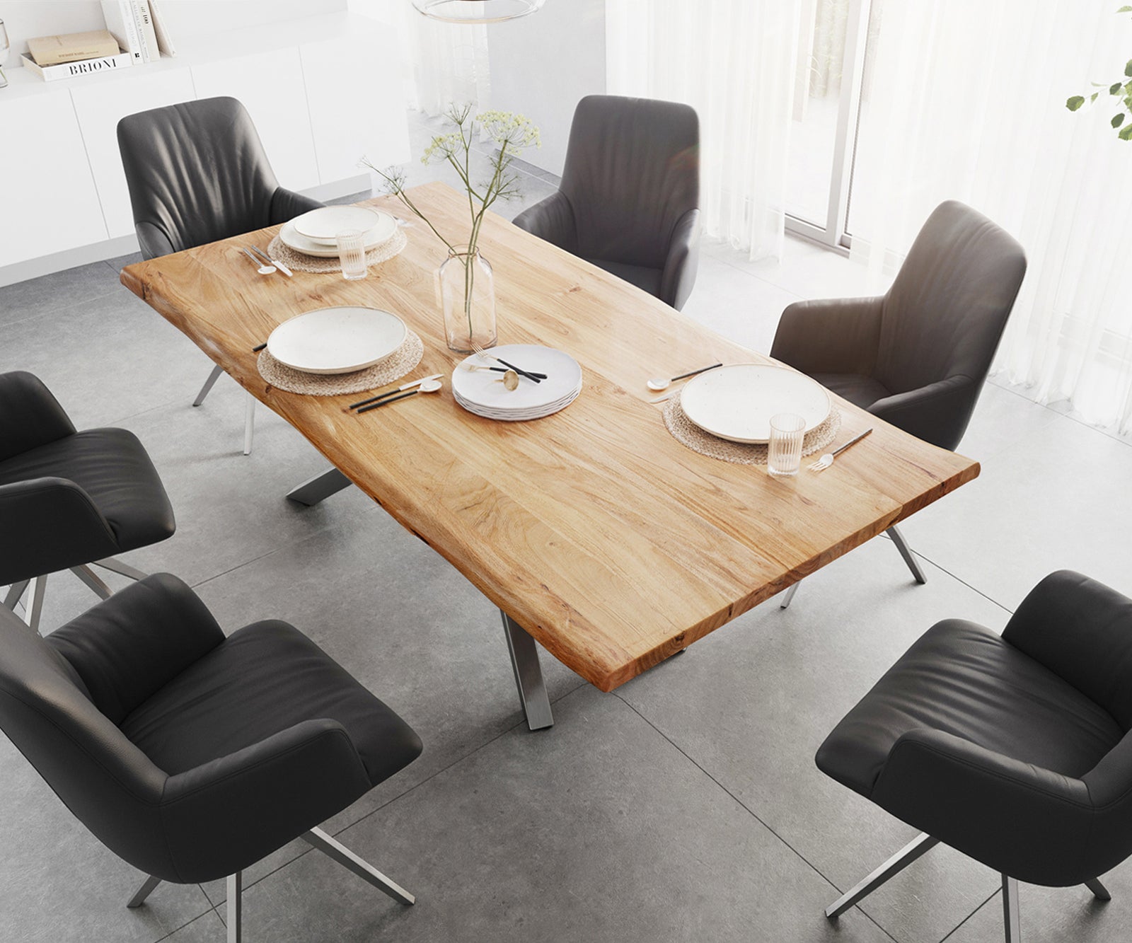 Dining Table Olympus Live Edge 200cm Acacia Wood Natural Cross Frame Steel 35mm Top
