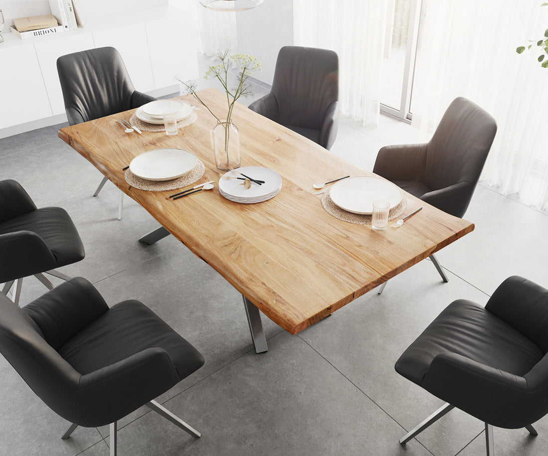 Dining Table Olympus Live Edge 200cm Acacia Wood Natural Cross Frame Steel 35mm Top