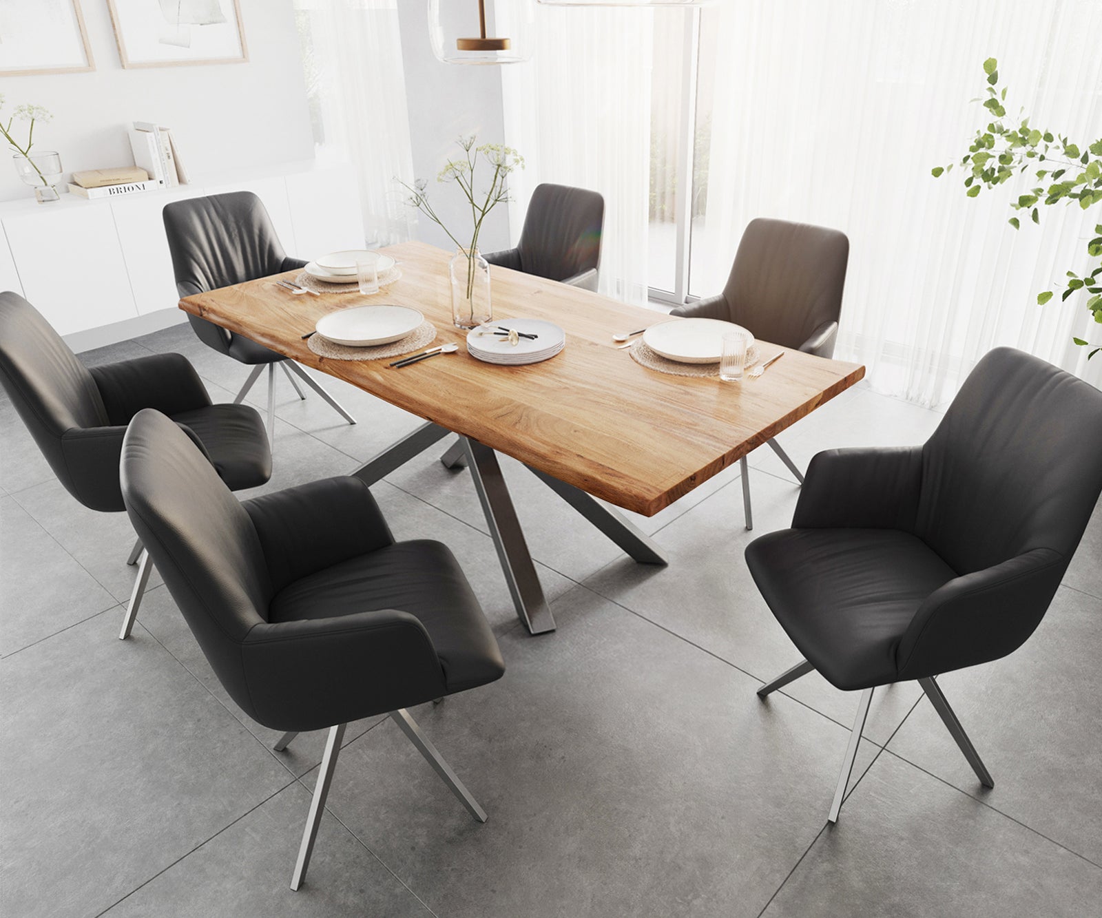 Dining Table Olympus Live Edge 200cm Acacia Wood Natural Cross Frame Steel 35mm Top