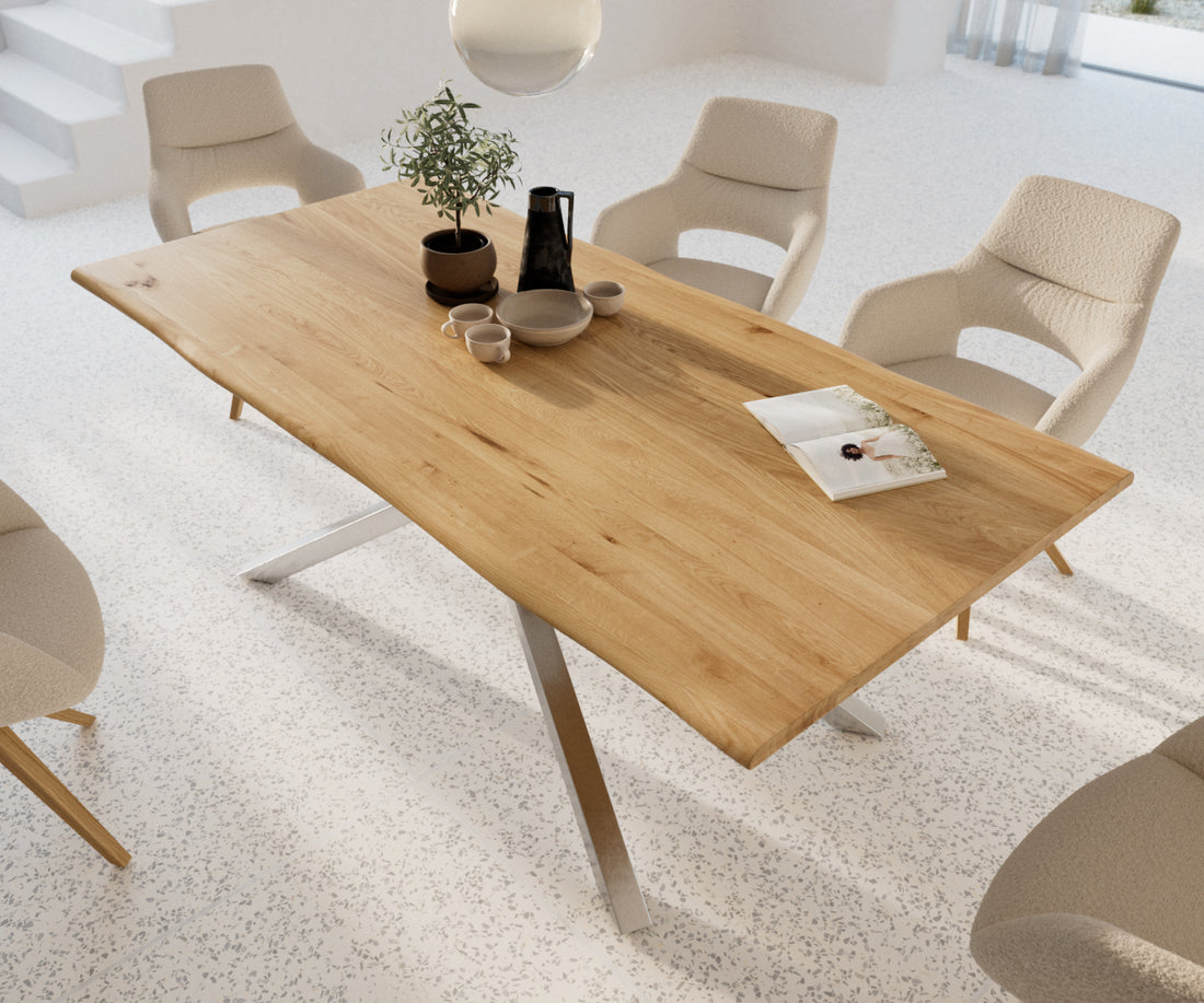 Dining Table Olympus Live Edge 200cm Oak Wood Natural Cross Frame Steel 32mm Top