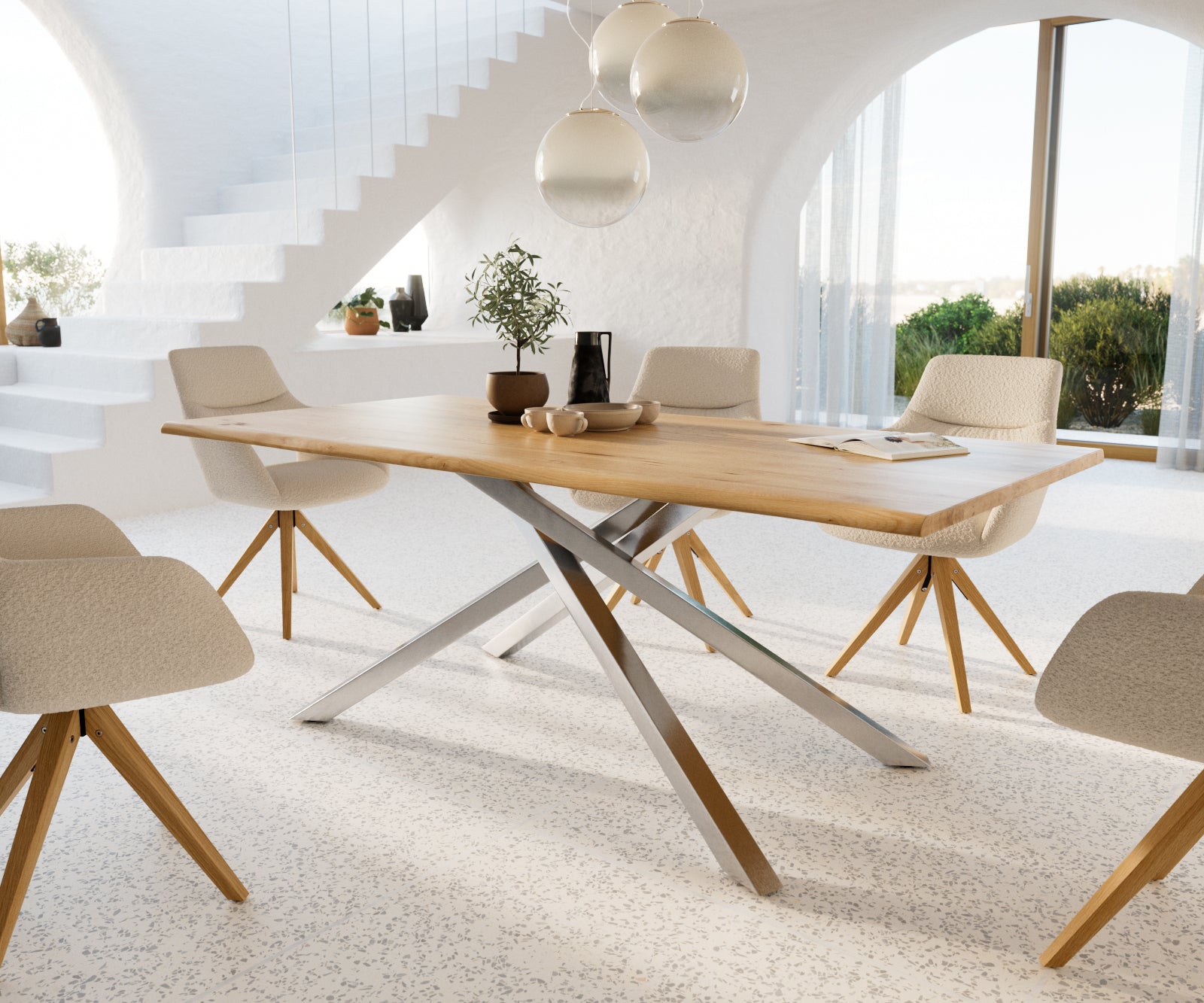 Dining Table Olympus Live Edge Oak Wood Natural Cross Frame Steel 200-300cm