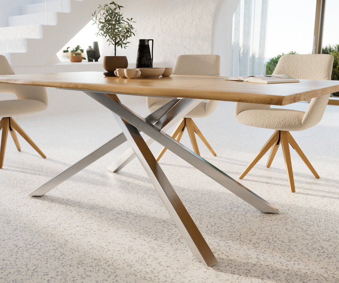 Dining Table Olympus Live Edge 200cm Oak Wood Natural Cross Frame Steel 32mm Top