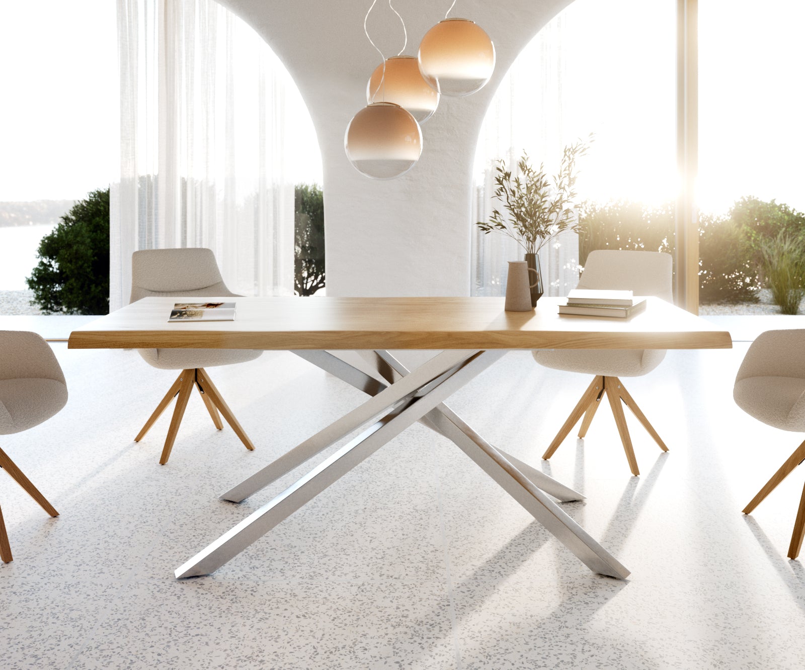 Dining Table Olympus Live Edge Oak Wood Natural Cross Frame Steel 200-300cm