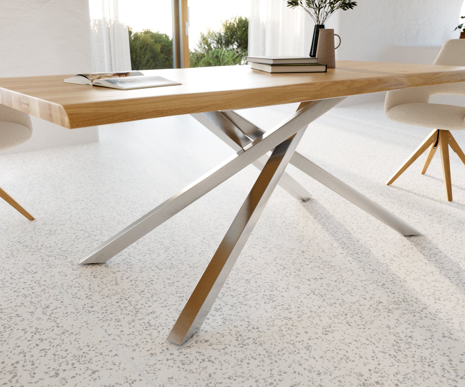 Dining Table Olympus Live Edge Oak Wood Natural Cross Frame Steel 200-300cm