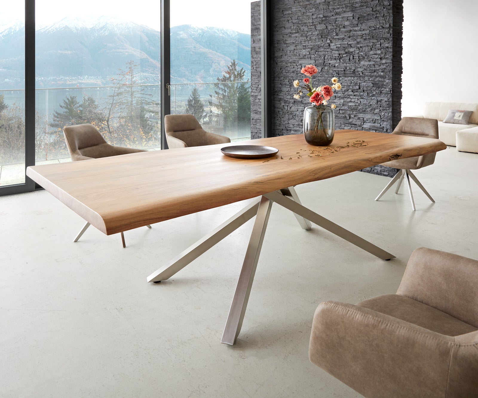 Dining Table Olympus Live Edge Acacia Wood Natural Cross Frame Steel 200-300cm