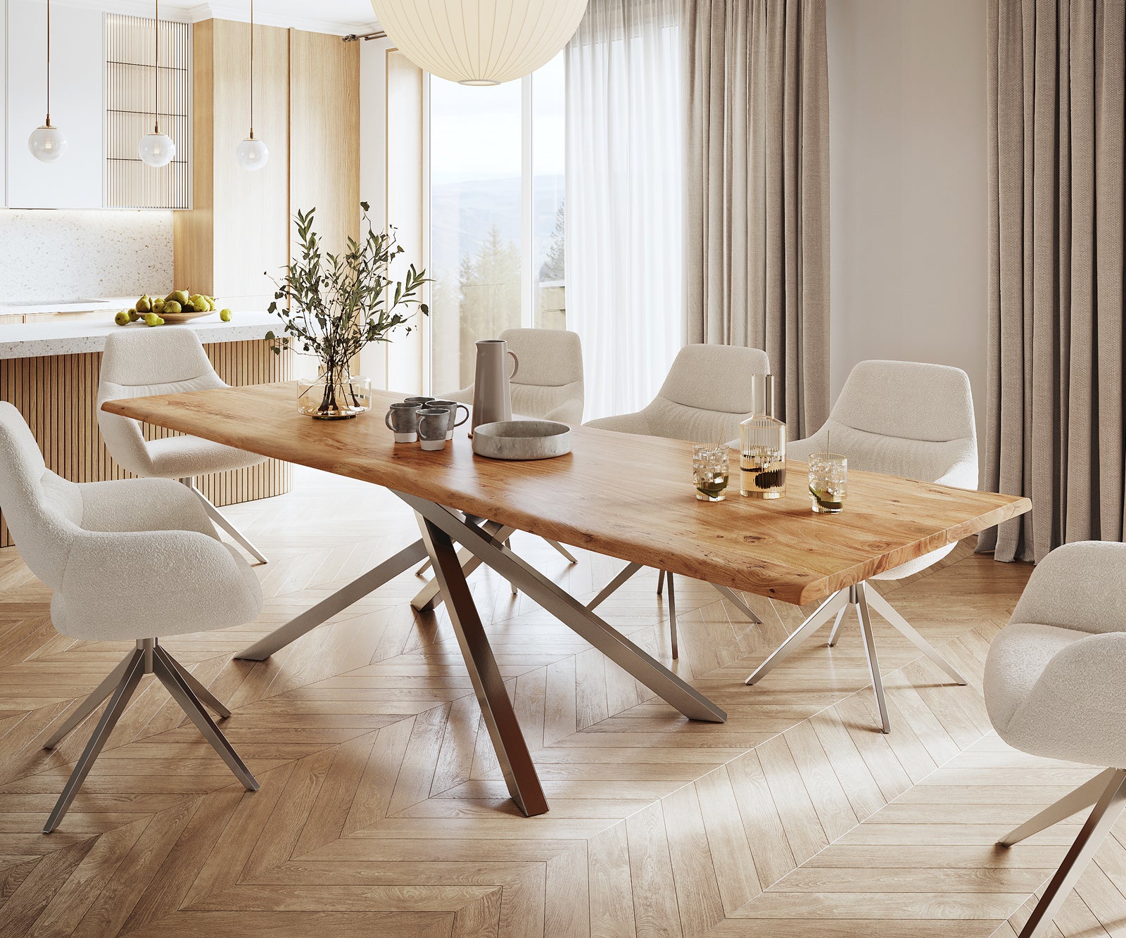 Dining Table Olympus Live Edge Acacia Wood Natural Cross Frame Steel 200-300cm