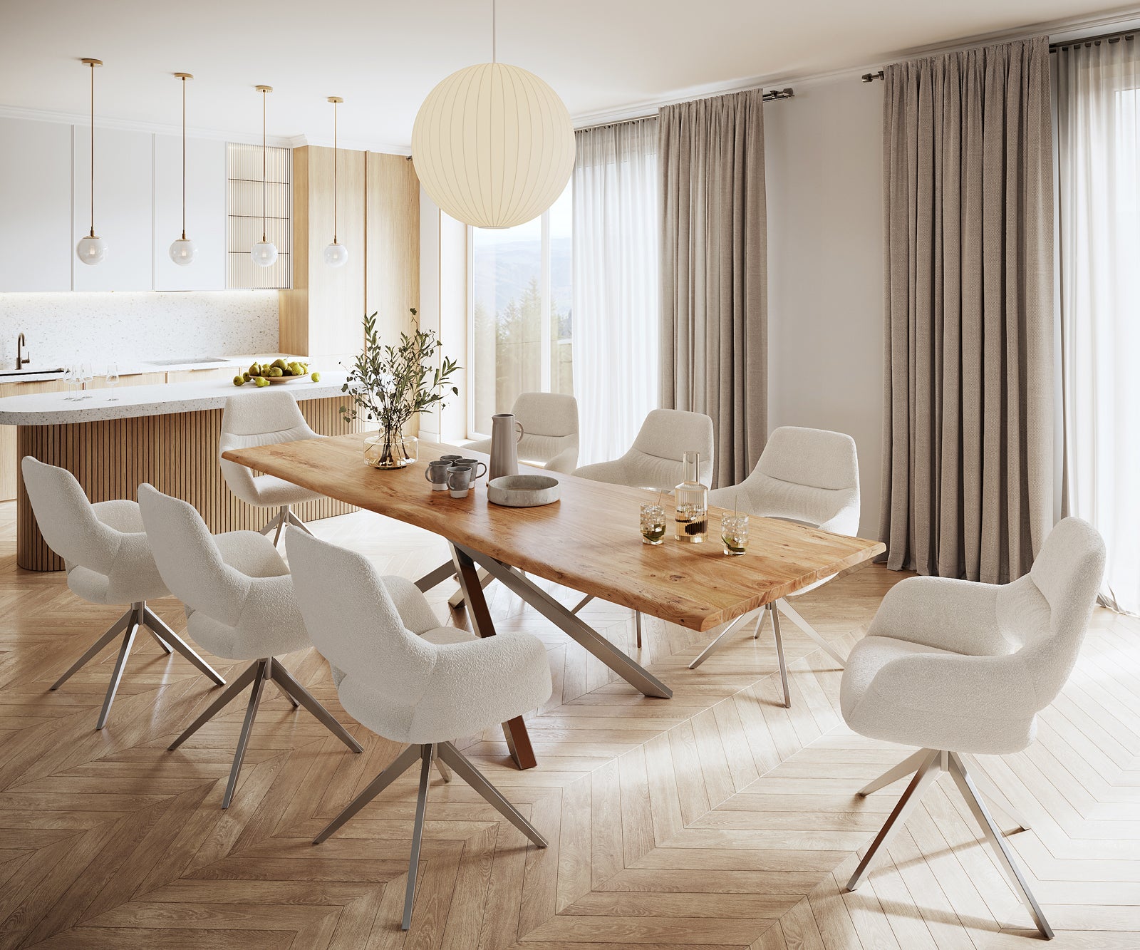 Dining Table Olympus Live Edge 300cm Acacia Wood Natural Cross Frame Steel 35mm Top