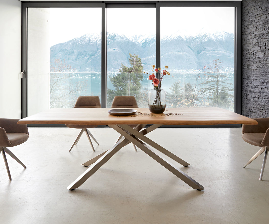 Dining Table Olympus Live Edge 240cm Acacia Wood Natural Cross Frame Steel 35mm Top