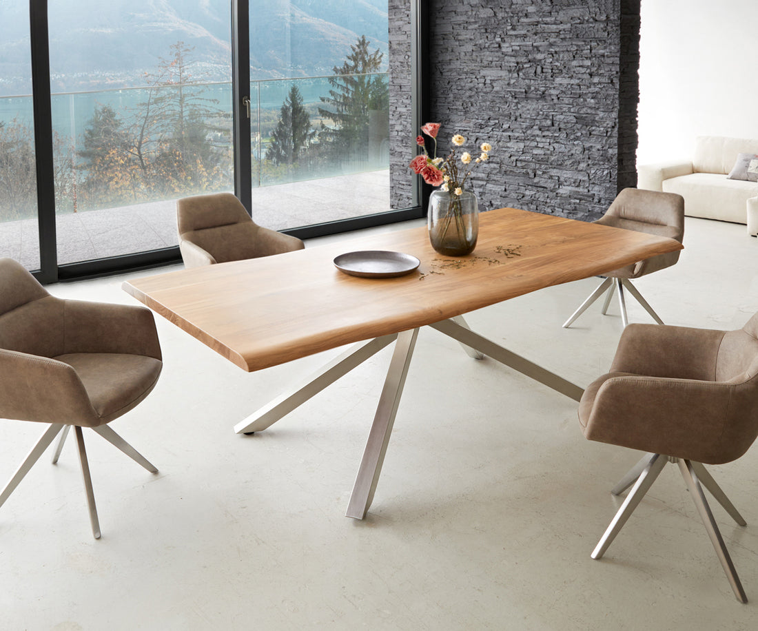 Dining Table Olympus Live Edge 240cm Acacia Wood Natural Cross Frame Steel 35mm Top