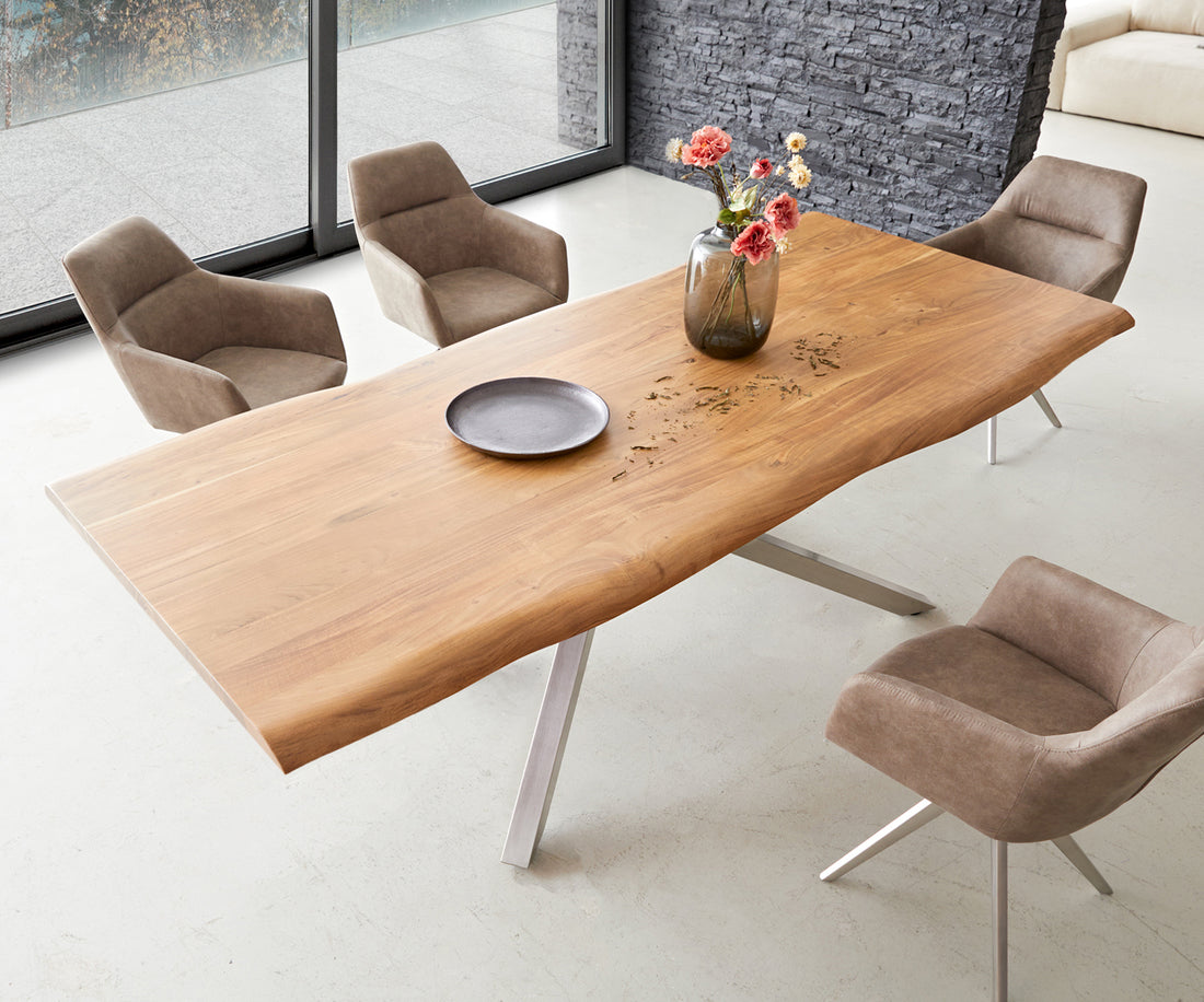 Dining Table Olympus Live Edge 240cm Acacia Wood Natural Cross Frame Steel 35mm Top