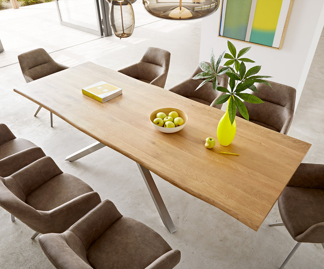 Dining Table Olympus Live Edge 200cm Oak Wood Natural Cross Frame Steel 50mm Top