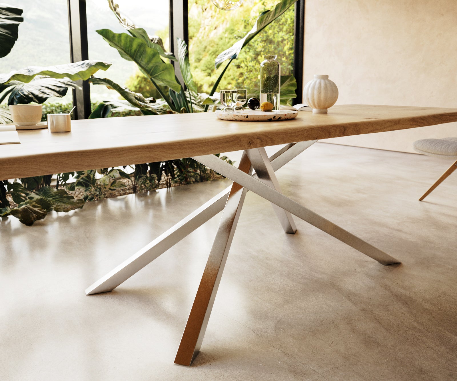 Dining Table Olympus Live Edge 300cm Oak Wood Natural Cross Frame Steel 50mm Top