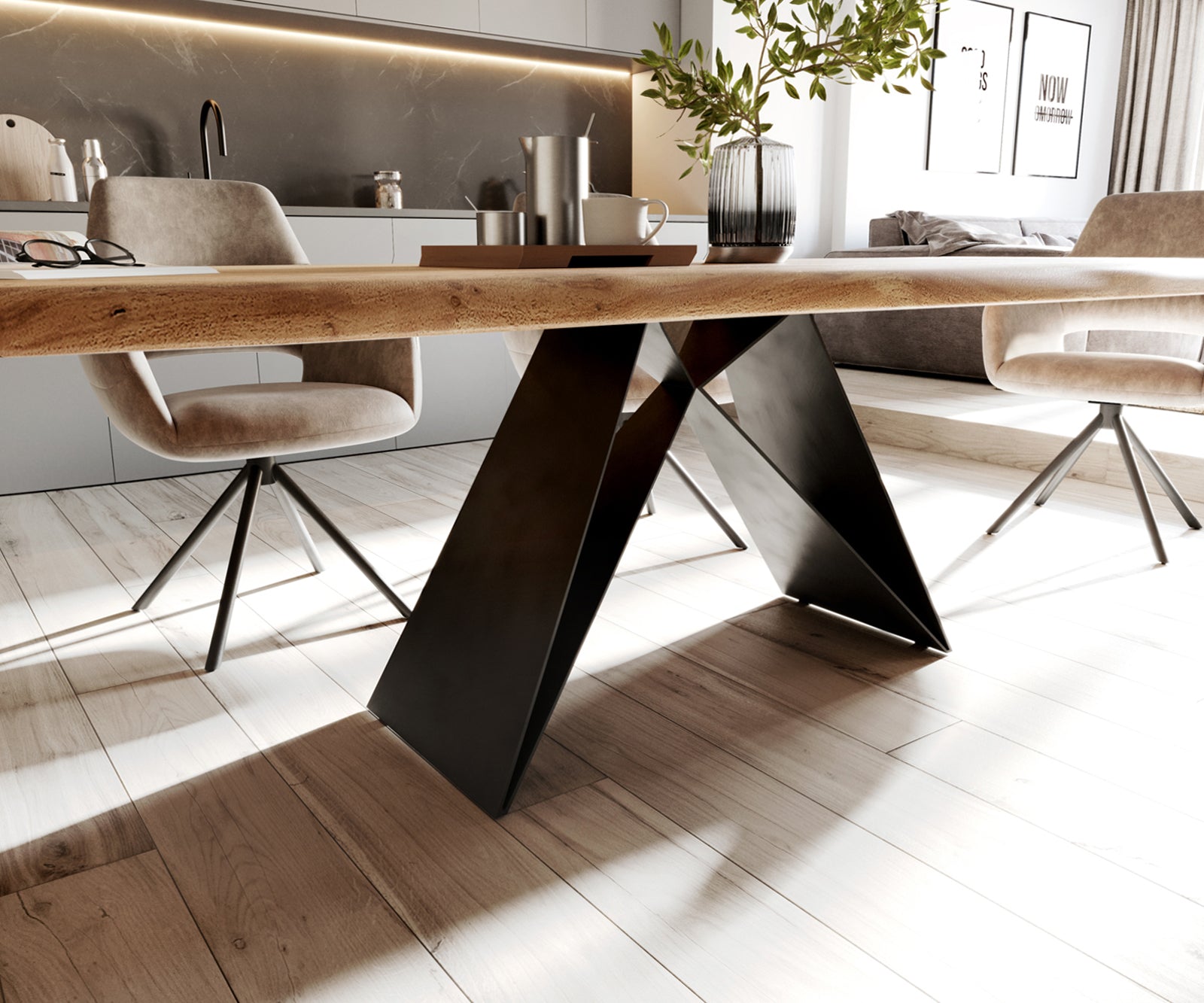 Dining Table Olympus Live Edge Acacia Wood Natural V-Frame Black 140-260cm