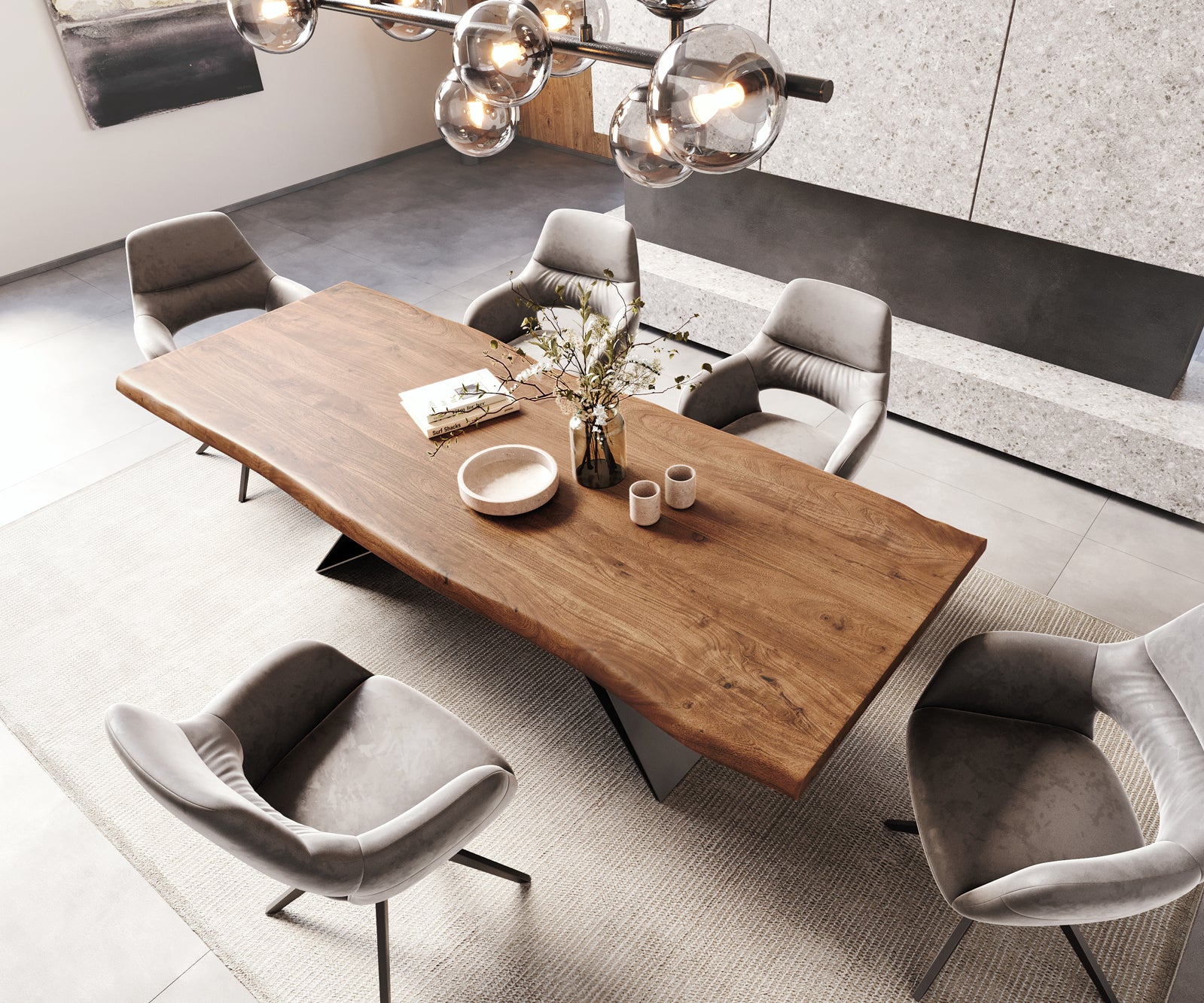 Dining Table Olympus Live Edge Acacia Wood Brown V-Frame Black 260-300cm