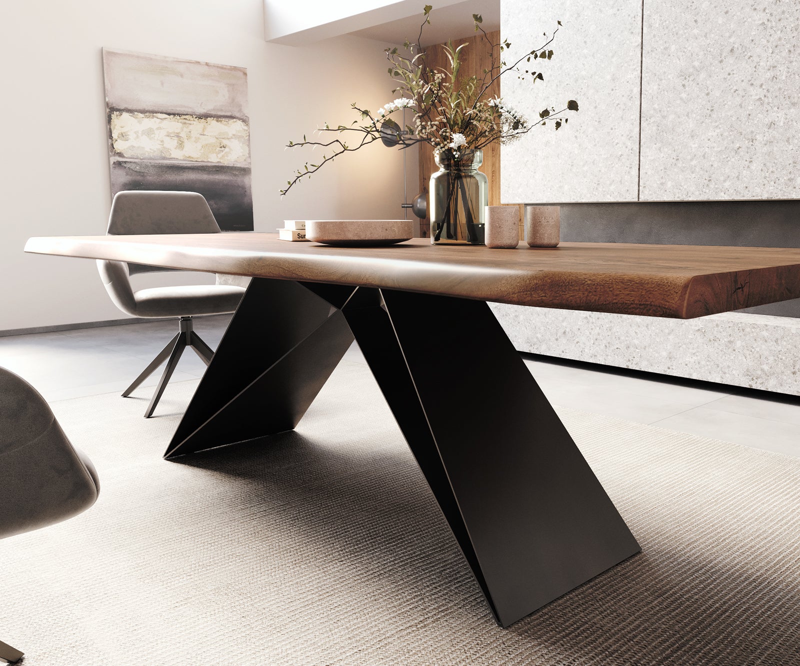 Dining Table Olympus Live Edge Acacia Wood Brown V-Frame Black 260-300cm