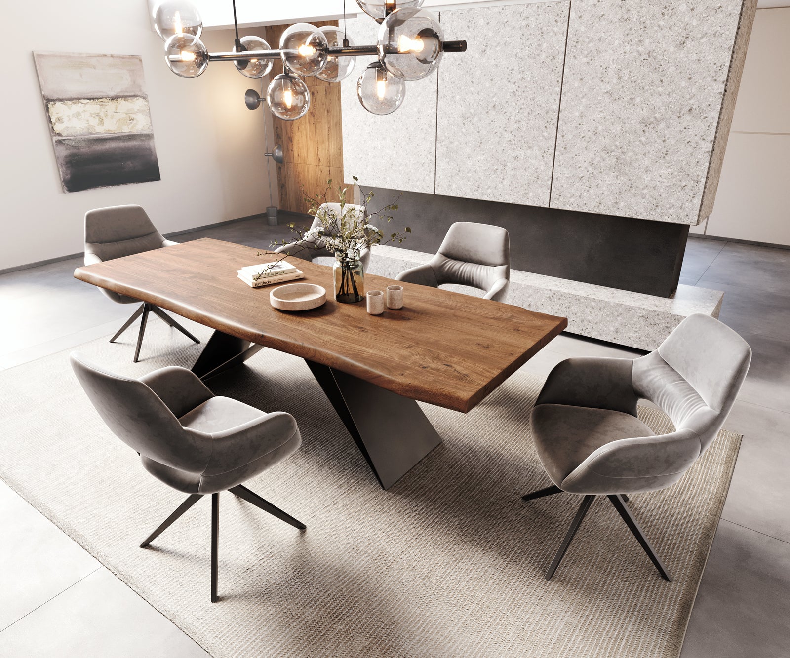 Dining Table Olympus Live Edge Acacia Wood Brown V-Frame Black 260-300cm