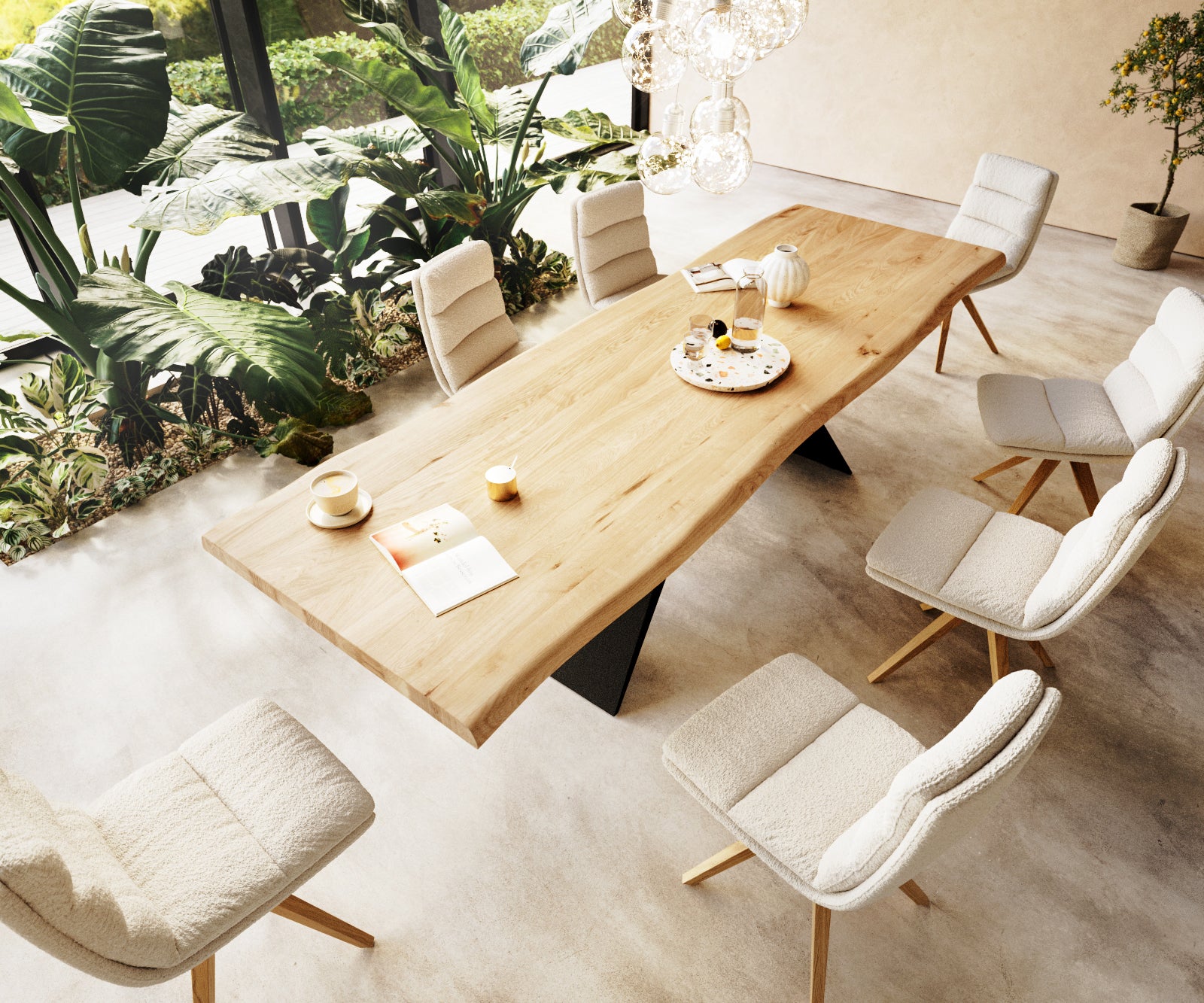 Dining Table Olympus Live Edge 300cm Oak Wood Natural V Frame Black 50mm Top