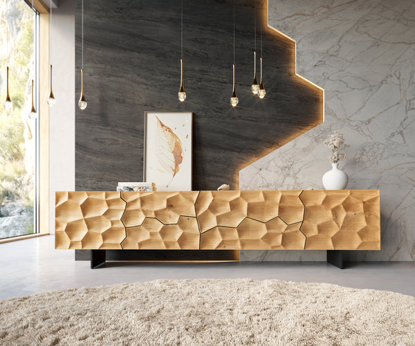 TV Stand Solu 220cm Oak Wood Natural 2 Doors 4 Drawers 3D Front