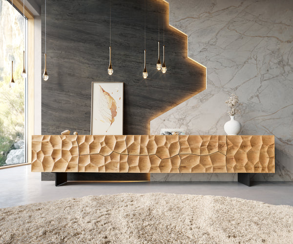 TV Stand Solu 260cm Oak Wood Natural 2 Doors 6 Drawers 3D Front