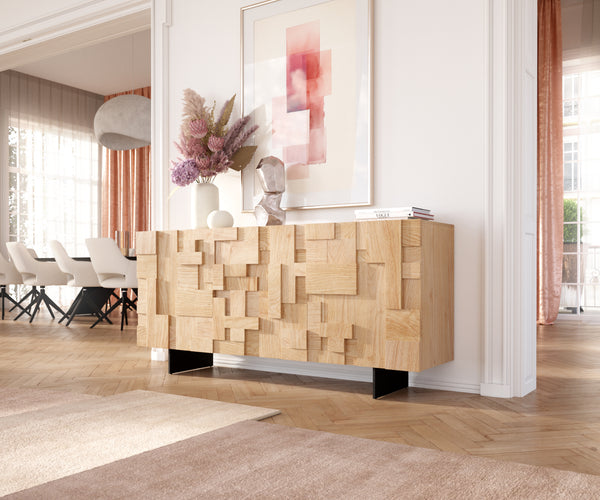 Sideboard Puzzle 175cm Oak Wood Natural 3 Doors Narrow Feet Black